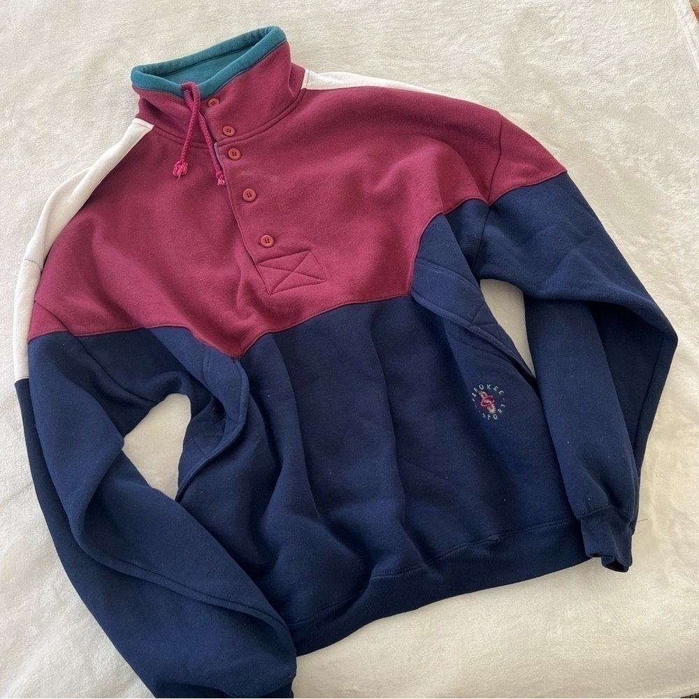 VINTAGE Cherokee Unisex Colorblock Pullover Quarter Button Up Sweater